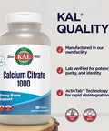 Kal Calcium Citrate 1000Mg, Calcium Supplements For Women And Men, Bone Health, Teeth, Nervous, Muscular & Cardiovascular System Support, Gluten And Lab Verified, 60 Servings, 180 Tablets