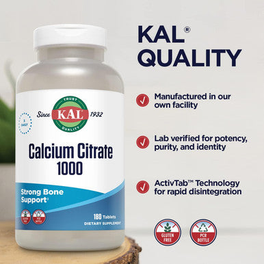 Kal Calcium Citrate 1000Mg, Calcium Supplements For Women And Men, Bone Health, Teeth, Nervous, Muscular & Cardiovascular System Support, Gluten And Lab Verified, 60 Servings, 180 Tablets