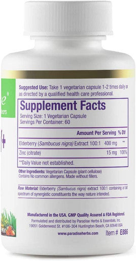 Paradise Herbs Elderberry with Zinc | Supports The Body's Natural Defenses | Sambuca Nigra & European Black Elderberry | Vegan | NON-GMO | Gluten 60 Vegetarian Capsules