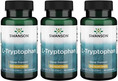 Swanson L-Tryptophan - Amino Acid Supplement - Rest '&' Relaxation - (60 Capsules 500mg Each) (3 Pack)