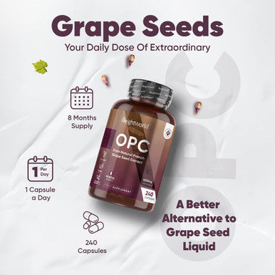 Weightworld Grape Seed Extract Capsules 1000mg (High-Strength) | 240 Vegan Capsules (8 Months Supply) | 95% OPC (Oligomeric Proanthocyanidins) | 1000mg French Grapeseed Extract | Polyphenols Supplement