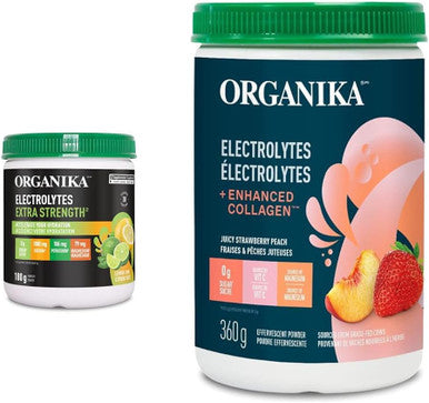 Organika Electrolytes Extra-Strength Powder- Lemon Lime- High In Sodium For Sport Recovery & Electrolytes + Enhanced Collagen- Strawberry Peach Flavour- Sugar- Hydration + Protein