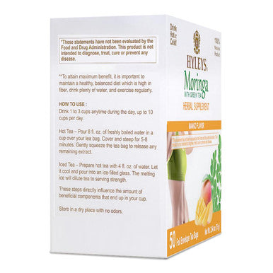 Hyleys Moringa Oleifera and Green Tea Mango Flavor - 50 Tea Bags - Superfood Miracle Tree Tea with Dried Moringa Oleifera Leaves