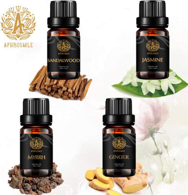 Aromatherapy Sandalwood Essential Oil Set for Diffuser, 100% Pure Jasmine Essential Oil Kit for Humidifier, 4x10ml Therapeutic Grade Myrrh Oil Set-Sandalwood Jasmine Myrrh Ginger Oil, Pure Ginger Oil