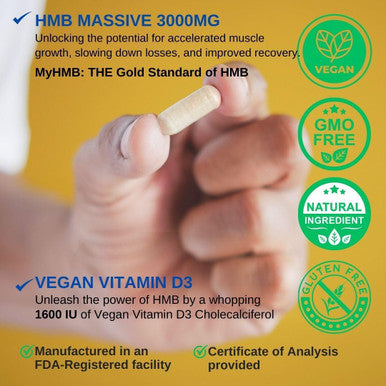 Hmb 3000Mg And Vitamin D3 Supplement Capsules Per Serving Usa Made & Tested Promotes Muscle Growth & Recovery - Hmb Supplement And Vitamin D3 (1600 Iu) - 120 Capsules 30 Servings