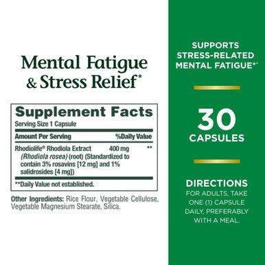 Nature's Bounty Mental Fatigue And Stress Relief Rhodiola Supplement 400 Mg Capsules 30 Count