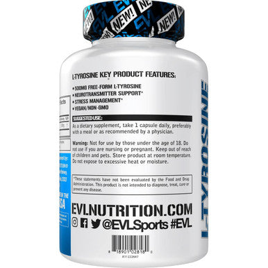 Evlution Free Form L Tyrosine 500mg Capsules Nutrition L-Tyrosine Supplement Amino for Energy Focus and Mood Support - Nootropic Brain Support Supplement for Cognitive Performance - 60 Servings
