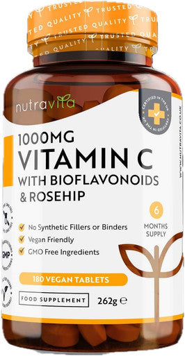 Vitamin C 1000Mg 180 Premium Vegan & Vegetarian Tablets 6 Month Supply High Strength Ascorbic Acid With Added Bioflavonoids & Rosehip Normal Immune System Made In The Uk By Nutravita