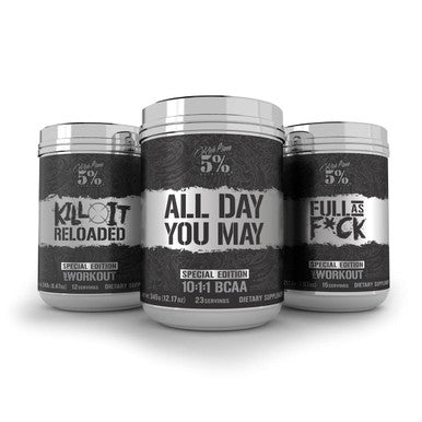 5% Nutrition Rich Piana Legendary Kit Blackout Edition | 3 Workout Supplements: AllDayYouMay + FasF + Kill It Reloaded in Maui Twist Flavor | Rich Piana T-Shirt + 5% Decal