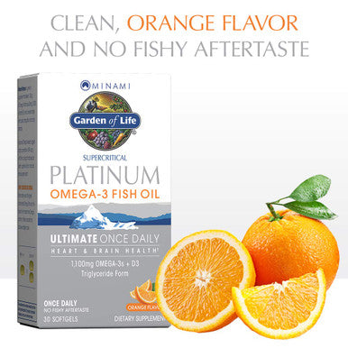 Garden of Life Minami Supercritical Platinum Omega 3 Fish Oil Supplement - Orange 30 Softgels Ultimate Once Daily Fish Oil Omega 3 For Heart & Brain Health 1100Mg Omega-3S + 1 000 Iu Vitamin D3