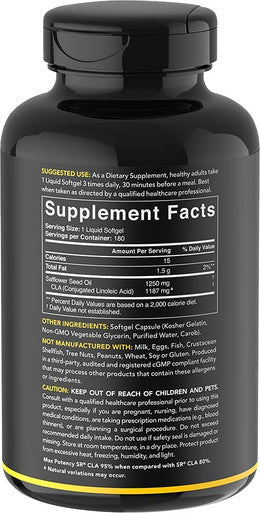 Max Potency CLA 1250 180 Softgels with 95 Active Conjugated Linoleic Acid Weight Management Supplement for Men and Women NonGMO Soy Gluten