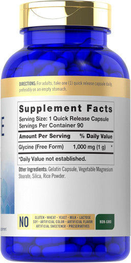 Carlyle Glycine 1000mg | 90 Powder Pills | Quick Release Capsules | Premium Quality | Non-GMO & Gluten Supplement