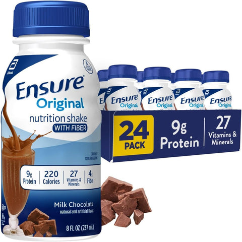 Ensure Original Milk Chocolate Nutrition Shake With Fiber, 24 Pack | Small Meal Replacement Nutritional Drink for Adults, has 9g Protein, 27 Essential Vitamins & Minerals, 3g fiber