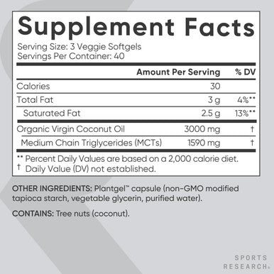 Sports ResearchÃƒâ€šÃ‚Â® Organic Coconut Oil Capsules 3000Mg - Cold Pressed Extra Virgin Coconut Oil With Medium Chain Triglycerides (Mcts) - Vegan Friendly & Non-Gmo Verified - 120 Softgels