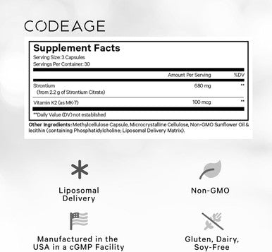 Codeage Liposomal Strontium Supplement - Strontium Citrate Vitamin K2 MK-7 Liposomal Delivery Non-GMO Mineral Strontium Gluten- - 90 Capsules