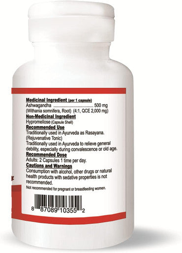 Ashwagandha Root Extract 500 mg (2000 mg Raw Equivalent), 4:1 Concentrate Ratio, 60 Vegan Capsules, Stress Relief & Mood Support Supplements, Non-GMO, Made in Canada