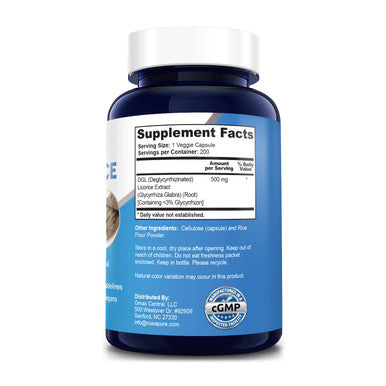 DGL Licorice Extract 500 mg 200 Veggie Capsules (Vegan,Non-GMO & Gluten-Free)
