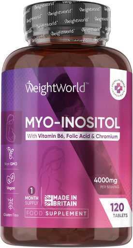 Weightworld Inositol Tablets - 4000mg Myo Inositol - Vitamin B6 200 g Folic Acid & 100 g Chromium - 120 Tablets - for Regulation of Hormonal Activity Immune System Tiredness & Fatigue (EFSA) - Made in The UK