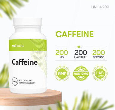 Nui Nutra Caffeine Pills | 200mg | 200 Capsules | Energy & Mental Focus Support Supplement | Pre Workout & Anti-Fatigue | Helps Support Alertness and Fight Daytime Sleepiness