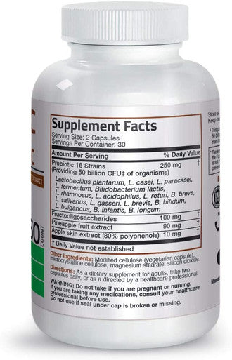 Bronson Probiotic 50 Billion Cfu + Prebiotic With Apple Polyphenols & Pineapple Fruit Extract For Women & Men Non-Gmo, 60 Vegetarian Capsules