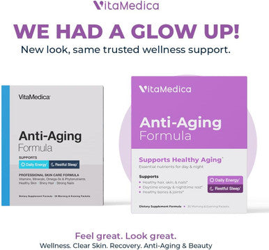 Vitamedica Anti-Aging Formula 4-In-1 Health And Beauty Supplement Anti Aging Supplement For Women And Men Healthy Hair, Skin, And Nails Natural Energy & Restful Sleep 30 Am & Pm Packets