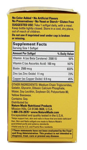 Nature Made Hair Skin & Nails With 2500 Mcg Of Biotin Softgels 60 Count For Supporting Healthy Hair Skin And Nails