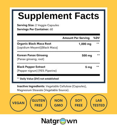 Natgrown Black Maca Root + Panax Ginseng Powder Capsules 1500 Mg With Black Peruvian Maca Root & Korean Panax Ginseng Supplement For Men And Women - Vegan Pills (120 Count)