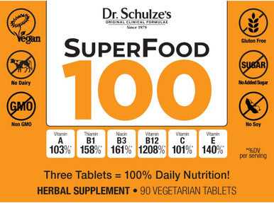 Dr. Schulzes SuperFood 100 Vitamin Mineral Herbal Concentrate Dietary Supplement Daily Nutrition Increased Energy GlutenFree NonGMO Vegan Organic 90 Tabs Packaging May Vary