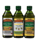Pompeian Extra Virgin Olive Oil Variety Pack - Smooth EVOO, Gourmet Selection EVOO, Robust EVOO, Contains Polyphenols, First Cold Pressed, 16 Fl Oz, Pack of 3