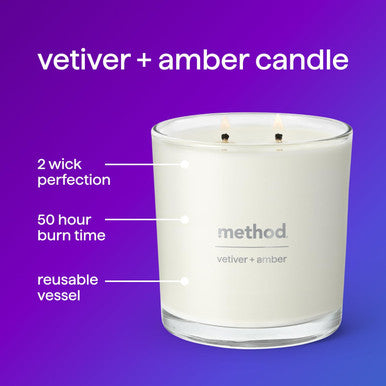 Method Premium Soy Candle Vetiver + Amber 2 Wick Recyclable Jar Up to 50 Hours Burn Time 14 oz