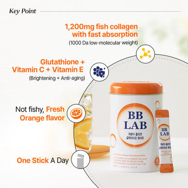 BB LAB Collagen Glutathione White Low Molecular Korean Stick Supplement Fish Peptides Vitamin C Vitamin E Glutathione Fast abosorption Orange Flavor