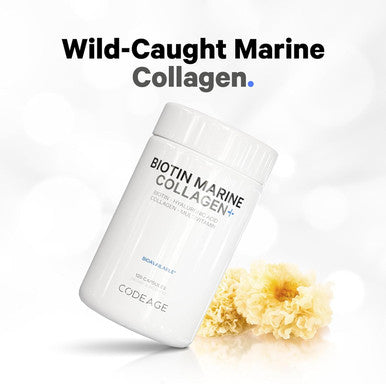 Codeage Biotin Marine Collagen Peptides - Wild-Caught Marine Collagen Types I & III 10000 mcg Biotin Vitamins C & E Hyaluronic Acid Amino Acids Fruit and Herb Blend Non-GMO - 120 Capsules