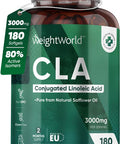 Weightworld CLA Supplement 3000mg - 180 High Strength Softgels - 80% Active Isomers Conjugated Linoleic Acid from Safflower Oil - Pre Workout Diet Supplement (Alternative of L-Carnitine) for Men & Women