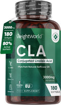 Weightworld CLA Supplement 3000mg - 180 High Strength Softgels - 80% Active Isomers Conjugated Linoleic Acid from Safflower Oil - Pre Workout Diet Supplement (Alternative of L-Carnitine) for Men & Women