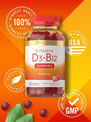 Carlyle Vitamin D3 + B12 Complex Gummies | 90 Count | Vegetarian, Non-Gmo, And Gluten Free Formula | Natural Strawberry Flavor