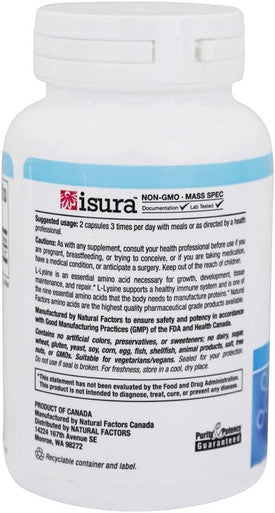 Natural Factors LLysine Supports Healthy Immune System Function 90 Vegetarian Capsules