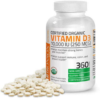 Bronson Vitamin D3 10,000 IU (250 mcg) 1 Year Supply for Immune Support, Healthy Muscle Function & Bone Health, High Potency Organic Non-GMO Vitamin D Supplement, 360 Tablets