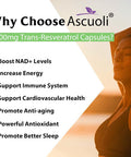 99% Ultra Purity Ascuoli Trans-Resveratrol 1100Mg, 3-In-1 Advanced Formula Organic Resveratrol Supplement, Max Antioxidant Anti-Aging, Skin Health, Cell Repair Boost Nad+, Immune & Energy, 60 Capsules