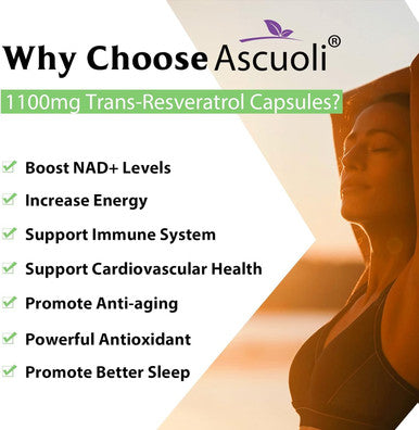 99% Ultra Purity Ascuoli Trans-Resveratrol 1100Mg, 3-In-1 Advanced Formula Organic Resveratrol Supplement, Max Antioxidant Anti-Aging, Skin Health, Cell Repair Boost Nad+, Immune & Energy, 60 Capsules