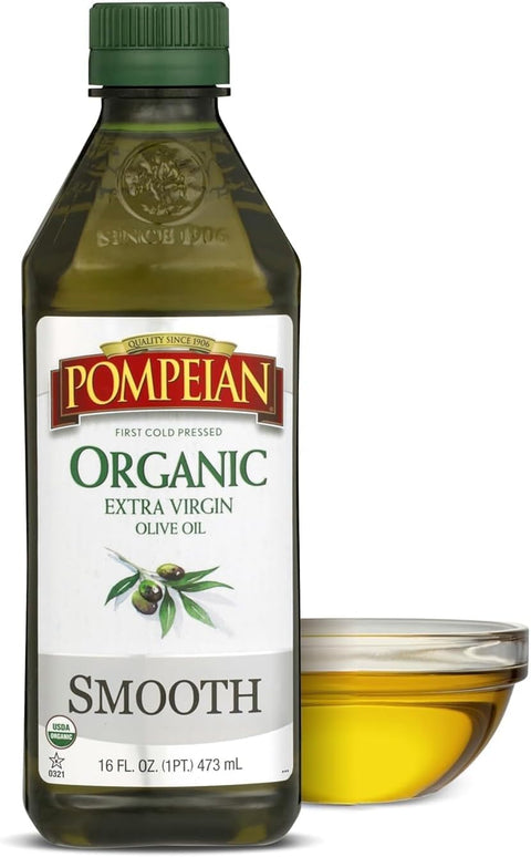 Pompeian Smooth Organic Extra Virgin Olive Oil - 16 fl oz | First Cold Pressed Olive Oil for Cooking - Smooth Taste for Sauteing, Stir-Frying, and Baking