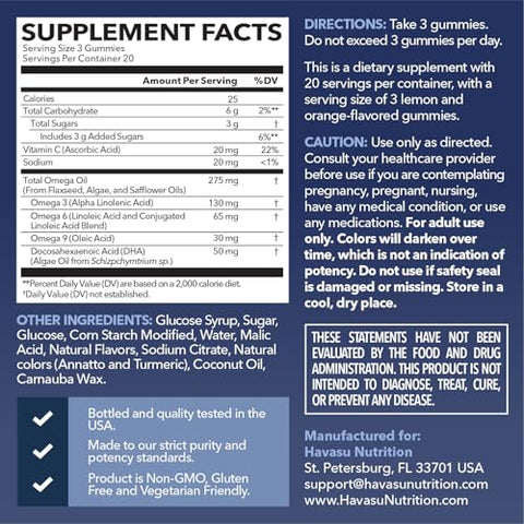 Havasu Nutrition Omega 3 6 9 Dha Gummies For Adults - Plant-Based Fish Oil Alternative With Chia Seed Oil And Algae - Support Brain And Immune Function - Lemon And Orange Flavors - Vegetarian Friendly 60 Count