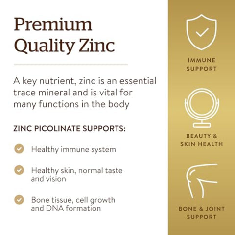 Solgar Zinc Picolinate 22 Mg 100 Tablets - Promotes Healthy Skin - Supports Immune System Normal Taste & Vision - Antioxidant Non-Gmo Vegan Gluten Free Kosher 100 Servings