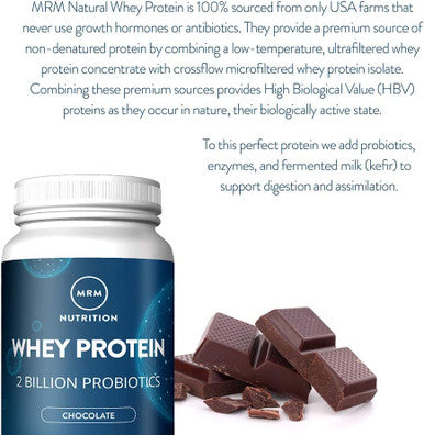MRM Nutrition Whey Protein | Chocolate Flavored |18g Protein | with 2 Billion probiotics + Digestive enzymes + BCAAs | High Absorption + Digestion | Hormone + antibiotic | 33 Servings