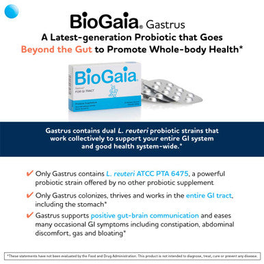 BioGaia Gastrus Chewable Tablets, Adult Probiotic Supplement for Stomach Discomfort, Constipation, Gas, Bloating, Regularity, Non-GMO, 30 Tablets, 2 Pack