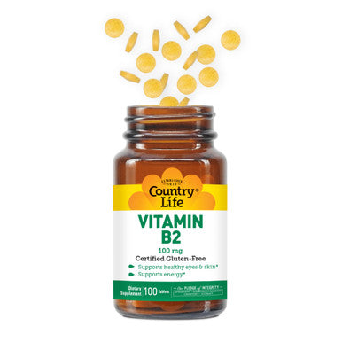 Country Life Vitamin B-2 Supports Health Eyes & Skin And Energy 100Mg 100 Tablets Certified Gluten Free Certified Vegan Certified Halal