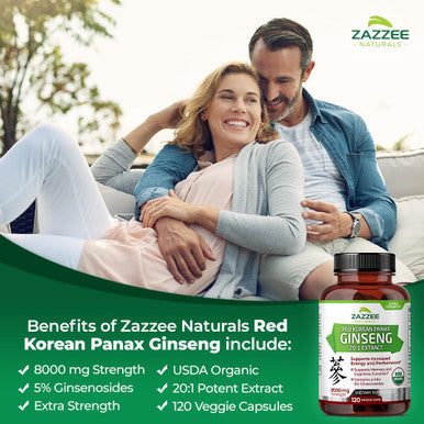 Zazzee Usda Organic Red Korean Panax Ginseng 20:1 Extract, 8000 Mg Strength, 5% Ginsenosides, 120 Vegan Capsules, Standardized