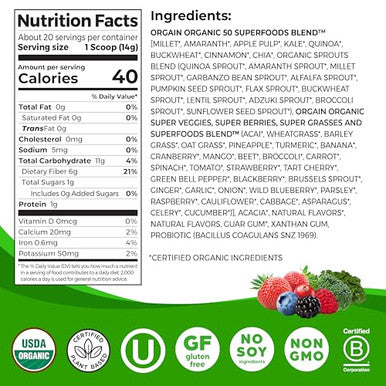 Orgain Organic Greens Powder + 50 Superfoods Original 1 Billion Probiotics For Digestive Health Antioxidants Vegan Plantbased Gluten Nongmo Green Juice & Smoothie Drink Mix 0.62Lb