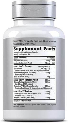 Piping Rock Prostafit Advanced Prostate Support Health Supplement For Men Herbal Complex With Saw Palmetto, Pumpkin Seed, Zinc, Plus Stinging Nettle Extract 66 Capsules Laboratory Tested