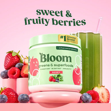 Bloom Nutrition Superfood Greens Powder Digestive Enzymes with Probiotics and Prebiotics Gut Health Bloating Relief for Women Chlorella Green Juice Mix with Beet Root Powder 30 SVG Berry