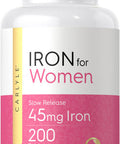 Iron Pills For Women | 45Mg | 200 Slow Release Tablets | Vegetarian, Non-Gmo, Gluten Free Supplement | By Carlyle